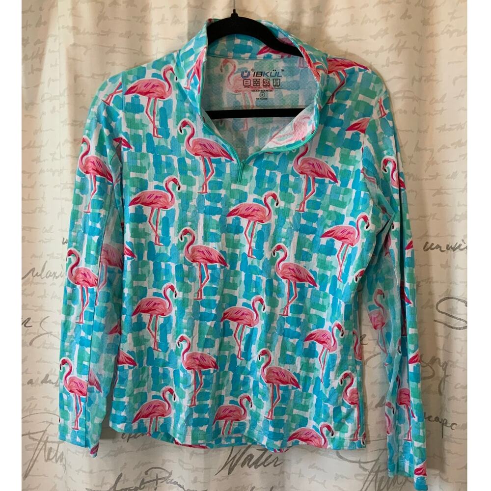 IBKUL Womens Small Flamingo Print Quarter Zip Sun Protection Top Golf Tennis UPF